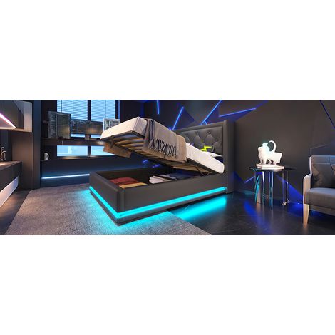 Cama con almacenaje 90x200 cm de PU negro y USB, para espacio reducido, sin colchón – MEUBLIV (1/5)