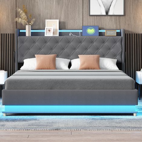 lit adulte LED USB rangement 160x200 tissu gris moderne HAVRYA (1/5)