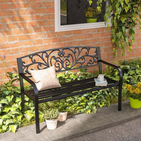 Panca da giardino 127x60x87 cm, con schienale floreale e braccioli, per 2 persone, metallo nero (1/5)