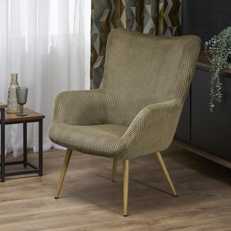 Fauteuil lounge velours vert olive côtelé avec accoudoirs et pieds acier AENOR (1/5)
