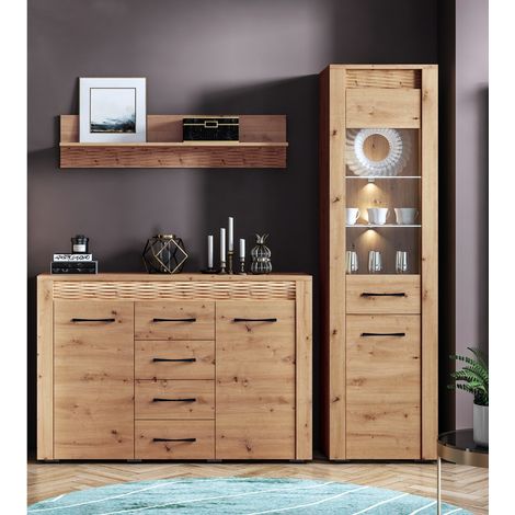Sideboard Vitrinen Set mit Wandregal ARTA-131 in Artisan Eiche Nb., B/H/T: 213/200/40 cm (1/5)