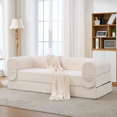 Canapé convertible 2 places en tissu côtelé, lit banquette gain de place pour salon et studio, beige (1/5)