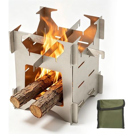 Poêle à Bois Portable, Réchaud Hobo Pliable de Camping, Pique-nique Extérieur en Acier Inoxydable Mini Poele Amovible avec Sac de Rangement pour Pique Nique BBQ Randonnée Voyage (1/5)