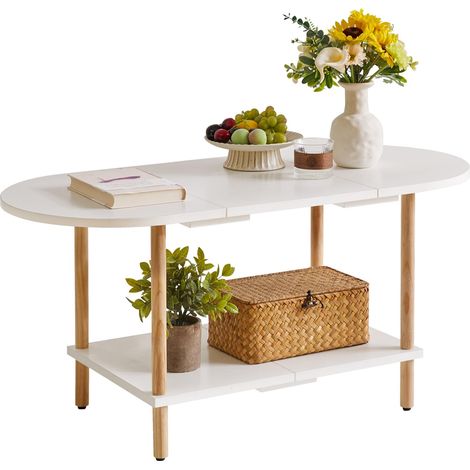 Table Basse Ovale Blanche, Petite Table Basse en Bois pour Petit Espace, Design D'épissure 35  16  17 Pouces, Table Centrale à 2 Niveaux pour Salon Blanc YD-011W (1/5)