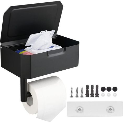 Portarotolo di carta igienica con scomparto per salviette umidificate, in acciaio inox, per montaggio a parete (con colla o trapano) in cucina e in bagno. (1/3)