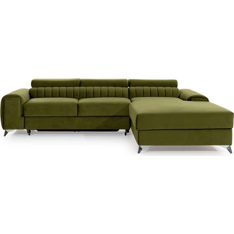 Canapé d’angle convertible GRENKY en velours avec coffre et têtières réglables – 278cm angle droit-Vert olive-angle droit (1/5)