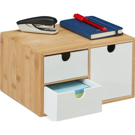 Relaxdays Desk Organiser, 3 Drawers, for Office Supplies, H x W x D: 14.5 x 25 x 20 cm, Bamboo & MDF, White/Natural (1/5)
