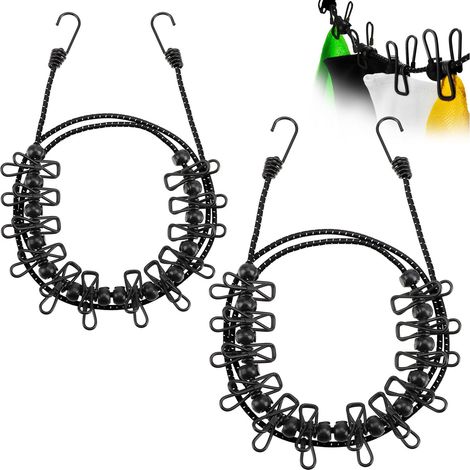 Corde à linge de voyage 2X - 180-350 cm par ligne - corde à linge de camping avec bande élastique réfléchissante - corde à linge avec 12 clips métalliques chacune (noir/noir)