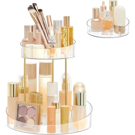 Organizador de maquillaje giratorio con cajón adicional en la parte superior,organizador de cosméticos redondo de 2 niveles (1/5)