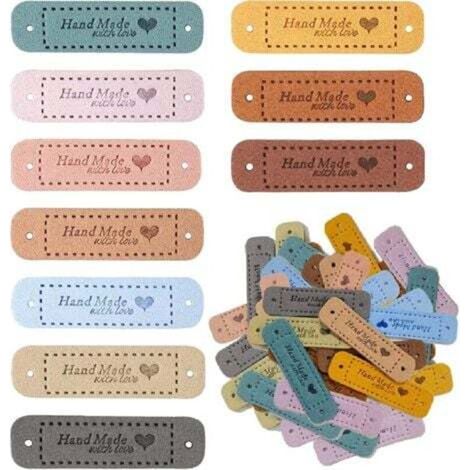 Packung mit 100 handgefertigten Kleidungsetiketten, personalisierten Lederetiketten, handgefertigten Näh-Etiketten mit Löchern für Strickarbeiten (10 Farben, 56 x 15 mm)