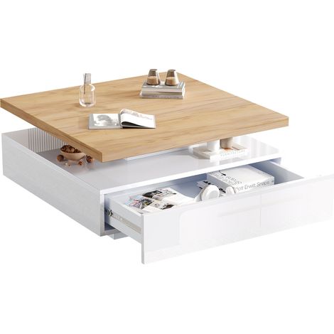 CHICFURN Tavolino quadrato 70x70x36 cm in pannelli di particelle bianco e noce, girevole a 360° (1/5)