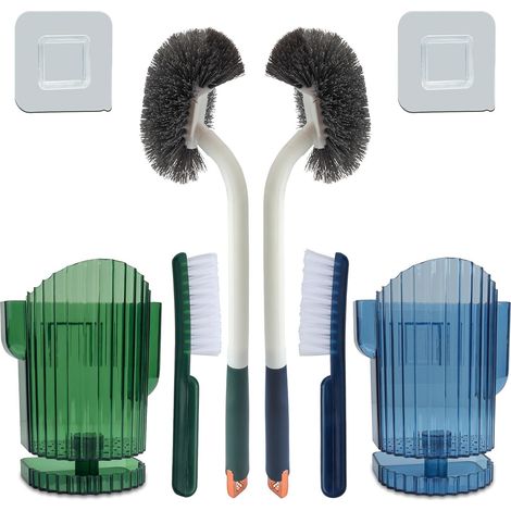 Lot de 2 brosses WC améliorées, brosse WC à long manche, brosse WC en plastique avec poils solides, brosse de cuvette de toilette fine et compacte – Brosse de toilette robuste, nettoyage en (1/5)