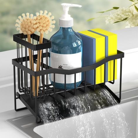 Porte-éponge pour évier de cuisine avec porte-brosse et bac d'égouttage, distributeur de savon en acier inoxydable (1/4)