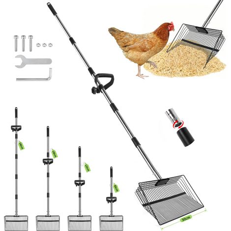 Pelle à fiente de Poule 30 cm Ramasse-crottes pour Animaux de Compagnie 4 en 1 Tamis en métal réglable avec poignée Ergonomique (89–190 cm) pour Le Nettoyage du poulailler et volailles (1/5)