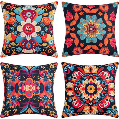 CCYKXA Boho-Kissenbezüge, 45 x 45 cm, 4er-Set, buntes, florales Mandala-Muster, dekorative Leinenkissenbezüge für Sofa, Bett, Garten, drinnen und draußen