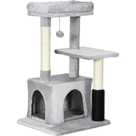 Arbre à chat multifonction avec niche, litière, jouets et couchage lavable gris clair 48x48x85 cm (1/5)