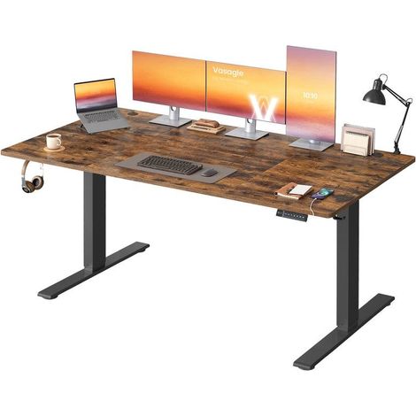 Bureau électrique réglable en hauteur 180 x 80 cm avec port USB et fonction mémoire pour télétravail en aggloméré marron (1/2)