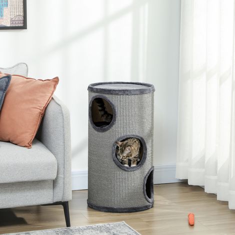 Tonneau à gratter pour chat, tour à griffer en sisal à 3 niveaux recouvert de peluche, Ø 38 x 70 cm, gris clair (1/5)