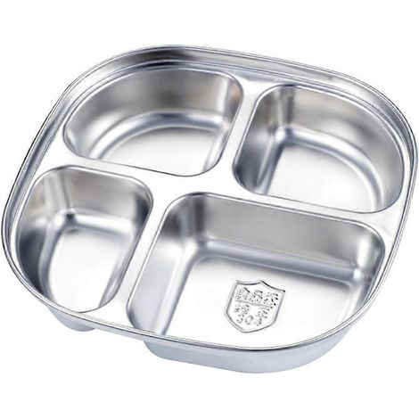 Assiette compartimentée en acier inoxydable pour étudiants, assiette de rangement alimentaire multi-compartiments-19.50X19.50X4.50CM-Silver (1/3)