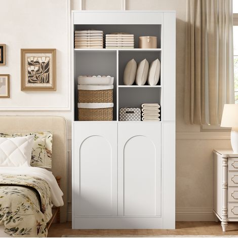 Mobile alto contenitore 85 x 35 x 180 cm con ripiani aperti e 2 ante bianco OKMYHOME (1/5)