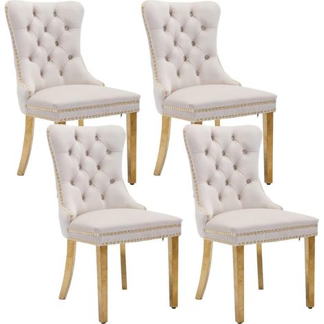 Samt Esszimmerstühle 4er Set mit Nieten und goldenen Edelstahlbeinen, gepolstert, beige (1/5)