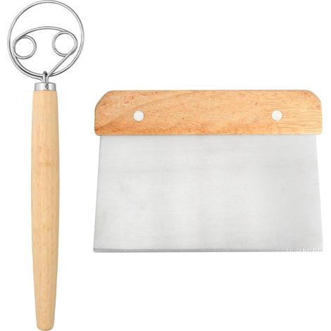 Set de Fouets Danois et Coupe-Pâte 2 Fouets à Pâte Danoise en Acier Inoxydable avec Manche en Bois Ergonomique 1 Coupe-Pâte Outils, Fouet Danois, Mélange et Cuisson (1/5)
