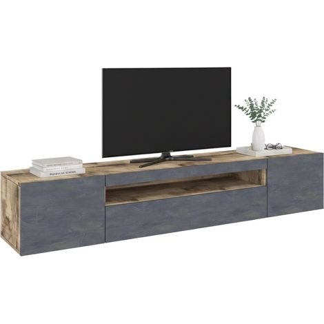 Dmora Wohnzimmer TV-Ständer, Made in Italy, TV-Ständer mit 3 Türen und Regalen, cm 200x40h37, Farbe Ahorn und Schiefer