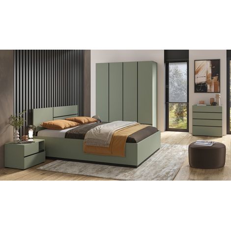 Camera completa design collezione HAVANA colori salvia e nero - Letto contenitore 160x200, armadio, cassettiera e comodini. (1/5)