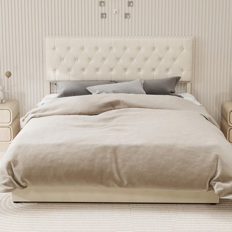 Lit moderne minimaliste et moelleux, tête de lit confortable et douce, 160200CM, beige, meuble de chambre multifonctionnel, cadre de lit coffre haut avec vérin hydraulique, matelas non inclus., ga...