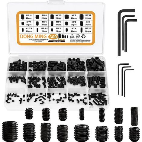 300 Pièces Vis Sans Tête Hexagonale, Kit Assortiment Vis à Six Pans Creux, M2.5/M3/M4/M5/M6/M8 Acier Allié Douille Hex Vis-pointeau avec Clé Allen (1/5)