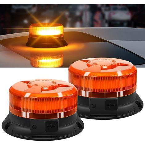 AnTom - Faro LED wireless ricaricabile in 2 pezzi, 9V-80V, arancione - Faro di segnalazione lampeggiante magnetico con 9 modalità di lampeggio per veicoli di emergenza e cantieri edili (1/5)