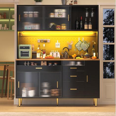 Aparador alto de MDF y vidrio negro 145 x 39 x 171 cm con LED, puerta corredera de cristal, botellero y almacenaje ajustable (1/5)