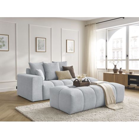 BOBOCHIC - Canapé droit fixe MONT-BLANC velours avec pouf Accoudoir gauche Gris clair (1/5)