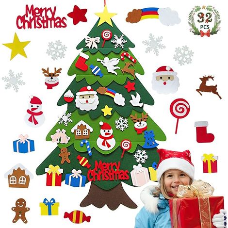 Sapin de Noël mural en feutre pour enfants, 32 décorations de Noël amovibles, guirlande murale de Noël, bricolage DIY pour enfants, cadeau de Noël, déco de Noël et Nouvel An (1/5)
