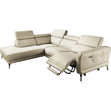 - Canapé d'angle relax en 100% tout cuir épais de luxe italien avec relax électrique, 5/6 places DALI, blanc cassé, angle gauche (1/5)