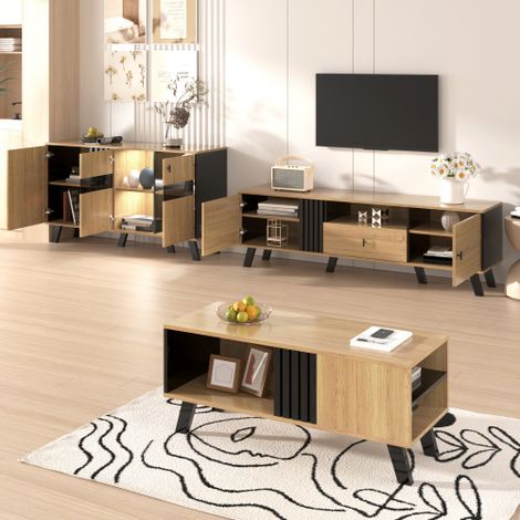 Grande table basse design en bois coloré et noir — Une table de salon avec tiroirs, offrant un rangement polyvalent et une allure unique. (1/5)
