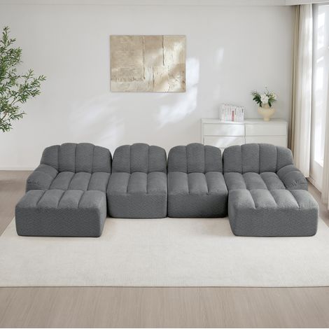 Canapé modulaire en U 4 places gris en polaire texturée avec 2 ottomanes et assise profonde (1/5)