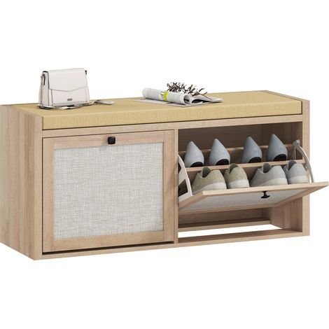 HOMCOM Rattan Shoe Bench with Padded Cushion and 2 Cabinets, Oak