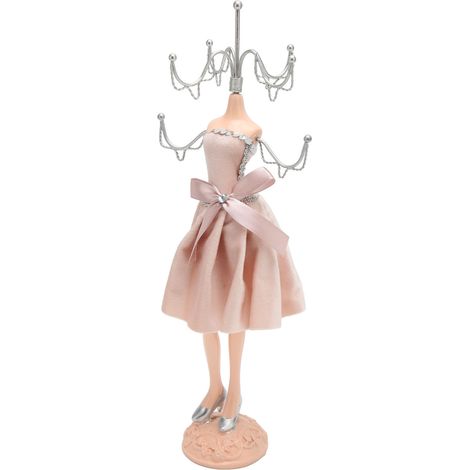 Tour de rangement pour robes de princesse, porte-bijoux avec support argenté et nœud papillon, poupée mannequin rose. (1/5)