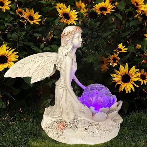 Statue de fée agenouillée en résine, boule de cristal, éclairage solaire, déco jardin féerique, 1 pièce (1/5)