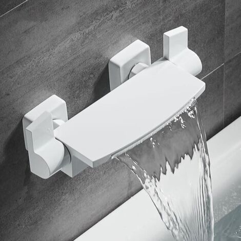 Mitigeur de baignoire blanc, robinet de baignoire mural effet cascade, robinet de salle de bain mural avec douchette, mitigeur de baignoire (A) MUMU (1/4)
