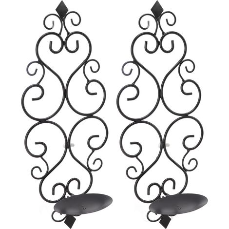 Lot de 2 bougeoirs muraux en fer noir de style classique raffiné, parfaits pour le salon, la chambre ou le couloir. (1/5)