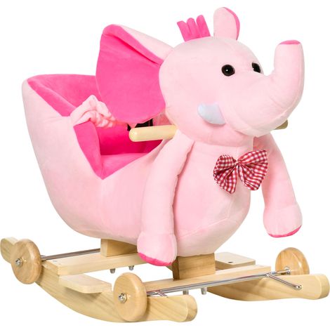 Éléphant à bascule rose dès 18 mois avec roues et musique 60x35x45 cm, jouet enfant design sobre pour éveil pratique et mobile