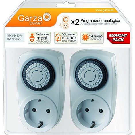 Garza - Minuterie analogique d'interieur, Lot de 2, Prise programmable, Minuterie journaliere (24h), Max 3680w, 16a/ 230v/ 50 Hz, Blanc