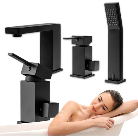Robinet de baignoire sur plage 3 trous Silla, mitigeur bain en laiton, installation facile, design moderne, Noir mat (1/5)