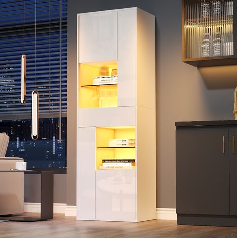 Vitrina para salón con iluminación LED, 1 cajón y 4 compartimentos, 55 x 38 x 170 cm, blanco HAVRYA (1/5)