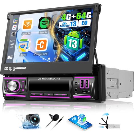 4G+64G Android 13 Autoradio 1 Din avec CarPlay Android Auto sans Fil, 7“ Rétractable Manuellement Écran Tactile avec GPS WiFi Lien Miroir Bluetooth FM/RDS EQ USB AUX TF SWC Caméra Arrière (1/5)