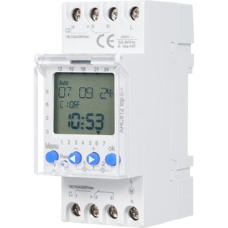 Minuterie programmable 2 voies AHC812 230V 16A raccordement rail DIN horloge numérique hebdomadaire interrupteur horaire en plastique ABS (1/5)