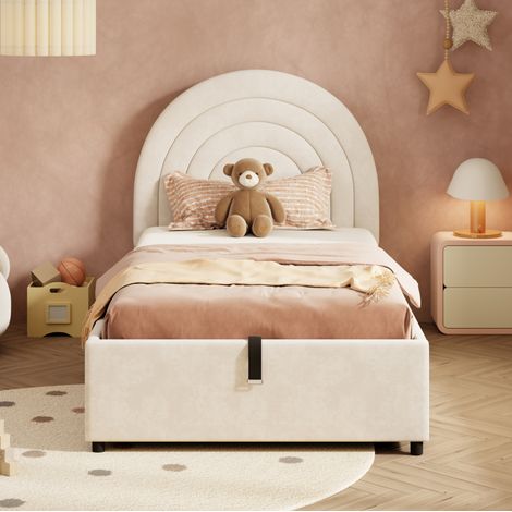 Cama infantil tapizada en terciopelo beige 90x200 cm con cabecero, somier de láminas y almacenaje hidráulico (1/5)