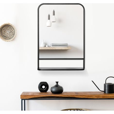 Miroir mural 70x50x10,2 cm en fer noir avec étagère, gain de place pour entrée – MEUBLIV (1/5)
